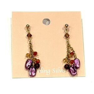 RGF 14K GF STERLING SILVER PURPLE PEARL RHINESTONE DANGLE 2" EARRINGS POST NEW